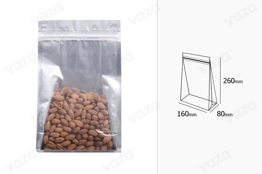 Qese alumini tipi Doy Pack, transparente, me mbyllje “zip” dhe mundësi vulosjeje me ngjitje termike 160 × 80 × 260 mm – 50 copë-εικόνα_σύνθεση