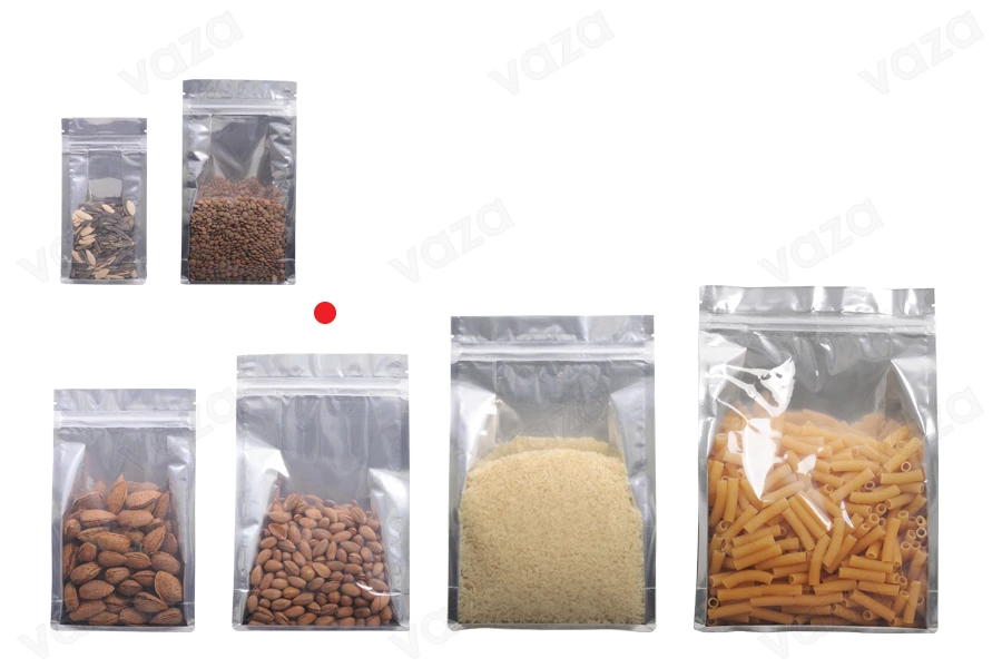 Qese alumini tipi Doy Pack, transparente, me mbyllje “zip” dhe mundësi vulosjeje me ngjitje termike 160 × 80 × 260 mm – 50 copë-εικόνα_σύνθεση