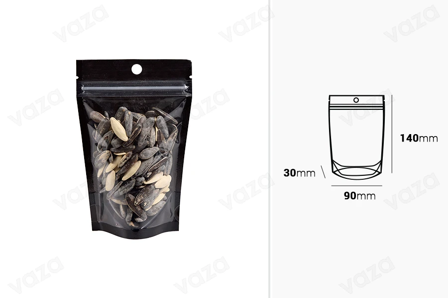 Σακουλάκια τύπου Doy Pack 90x30x140 mm αλουμινίου με μαύρη πίσω πλευρά, διάφανο μπροστά με κλείσιμο "zip" και δυνατότητα σφράγισης με θερμοκόλληση - 100 τμχ Σακουλάκια τύπου Doy Pack 90x30x140 mm αλουμινίου με μαύρη πίσω πλευρά, διάφανο μπροστά με κλείσιμο "zip" και δυνατότητα σφράγισης με θερμοκόλληση - 100 τμχ-εικόνα_διαστάσεις