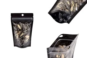 Σακουλάκια τύπου Doy Pack 90x30x140 mm αλουμινίου με μαύρη πίσω πλευρά, διάφανο μπροστά με κλείσιμο "zip" και δυνατότητα σφράγισης με θερμοκόλληση - 100 τμχ-1