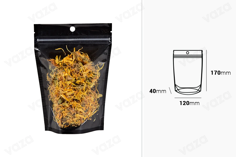 Σακουλάκια τύπου Doy Pack 120x40x170 mm αλουμινίου με μαύρη πίσω πλευρά, διάφανο μπροστά με κλείσιμο "zip" και δυνατότητα σφράγισης με θερμοκόλληση - 100 τμχ Σακουλάκια τύπου Doy Pack 120x40x170 mm αλουμινίου με μαύρη πίσω πλευρά, διάφανο μπροστά με κλείσιμο "zip" και δυνατότητα σφράγισης με θερμοκόλληση - 100 τμχ-εικόνα_διαστάσεις