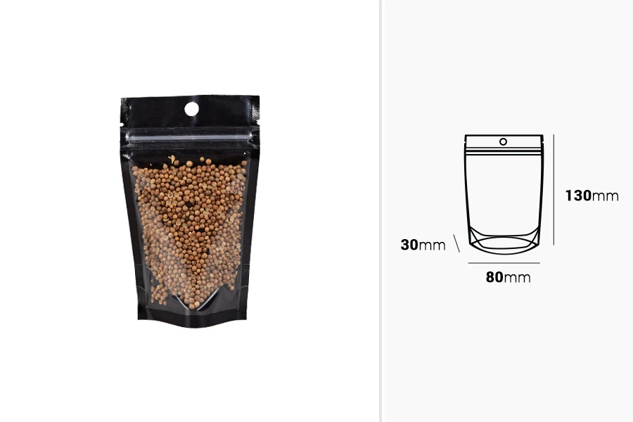 Σακουλάκια τύπου Doy Pack 80x30x130 mm αλουμινίου με μαύρη πίσω πλευρά, διάφανο μπροστά με κλείσιμο "zip" και δυνατότητα σφράγισης με θερμοκόλληση - 100 τμχ