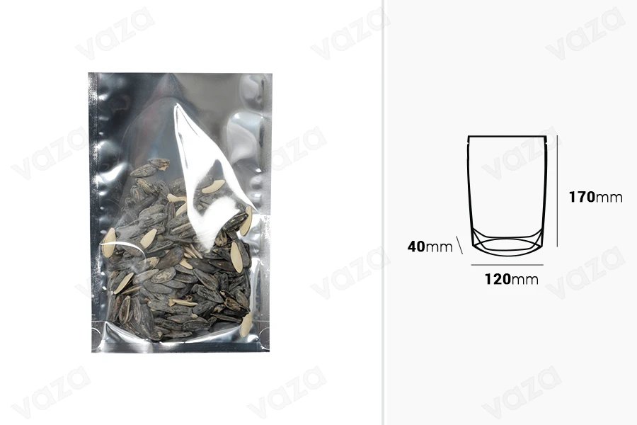 Σακουλάκια τύπου Doy Pack 120x40x170 mm αλουμινίου πίσω πλευρά, διάφανο μπροστά και κλείσιμο με θερμοκόλληση - 100 τμχ-εικόνα_διαστάσεις