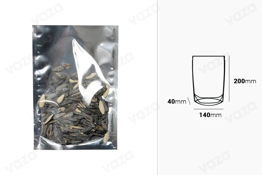 Σακουλάκια τύπου Doy Pack 140x40x200 mm αλουμινίου πίσω πλευρά, διάφανο μπροστά και κλείσιμο με θερμοκόλληση - 100 τμχ-εικόνα_διαστάσεις