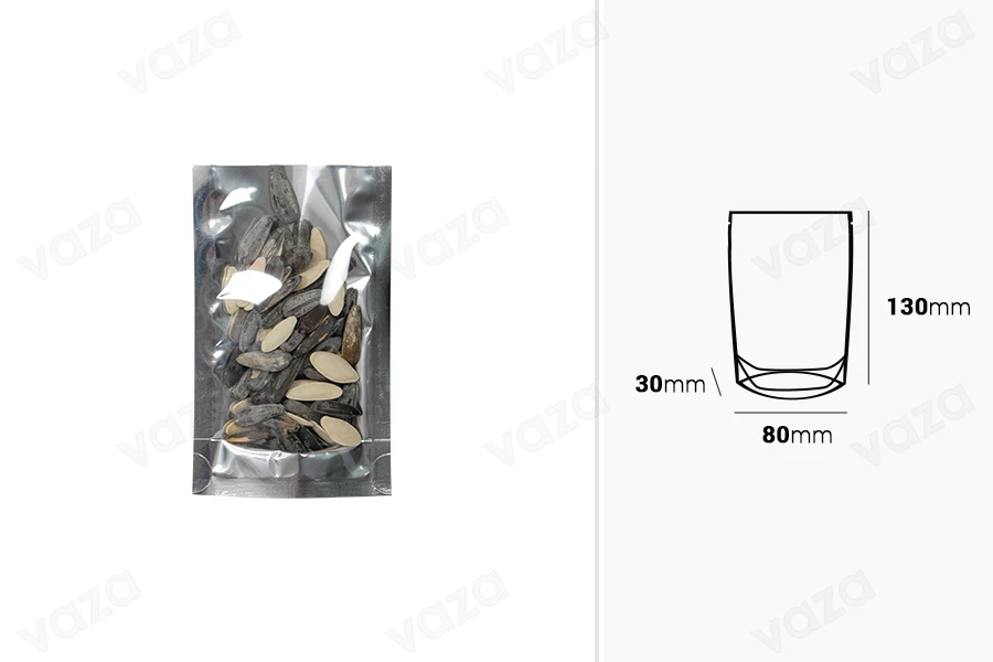 Beutel vom Typ Doy Pack 80x30x130mm Rückseite aus Aluminium, transparente Vorderseite und Verschluss mit Heißsiegelung - 100 Stk-bildabmessungen