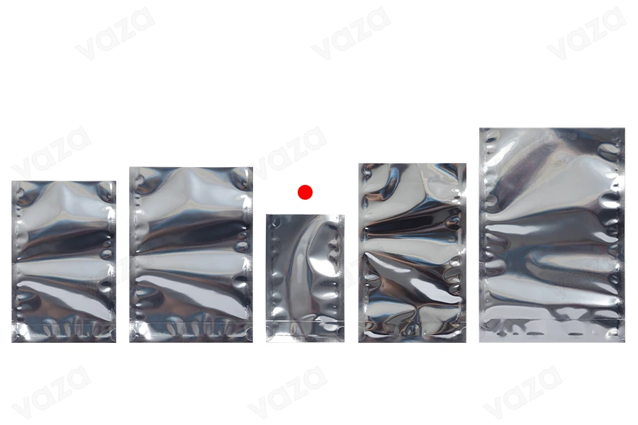 Beutel vom Typ Doy Pack 80x30x130mm Rückseite aus Aluminium, transparente Vorderseite und Verschluss mit Heißsiegelung - 100 Stk-