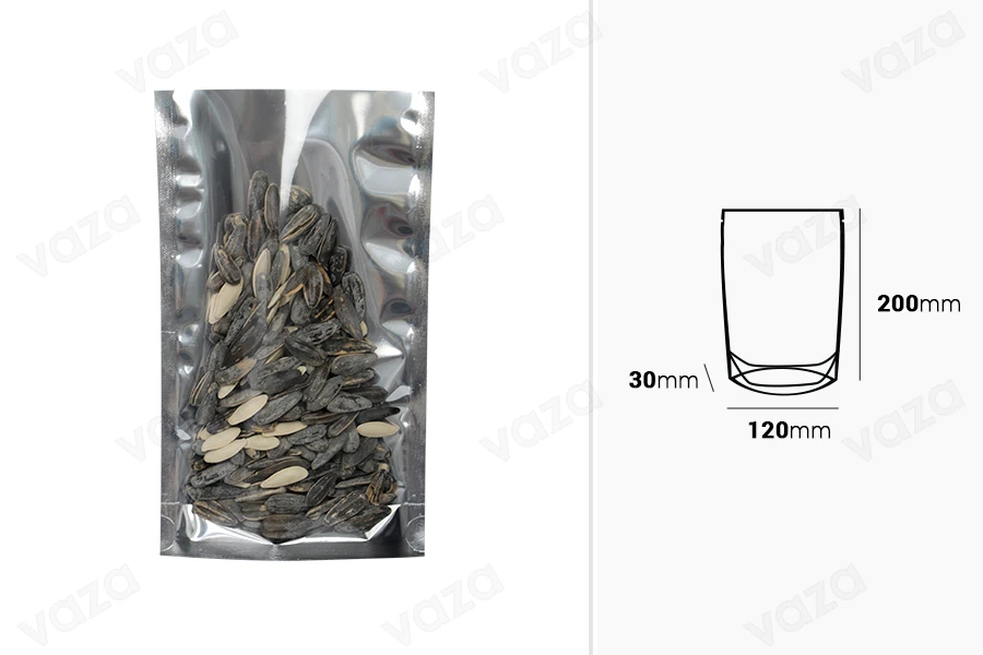 Doy Pack Beutel 120x30x200mm Aluminiumrückseite, transparente Vorderseite und Verschluss mit Heißsiegelung - 100 Stk Doy Pack Beutel 120x30x200mm Aluminiumrückseite, transparente Vorderseite und Verschluss mit Heißsiegelung - 100 Stk-bildabmessungen