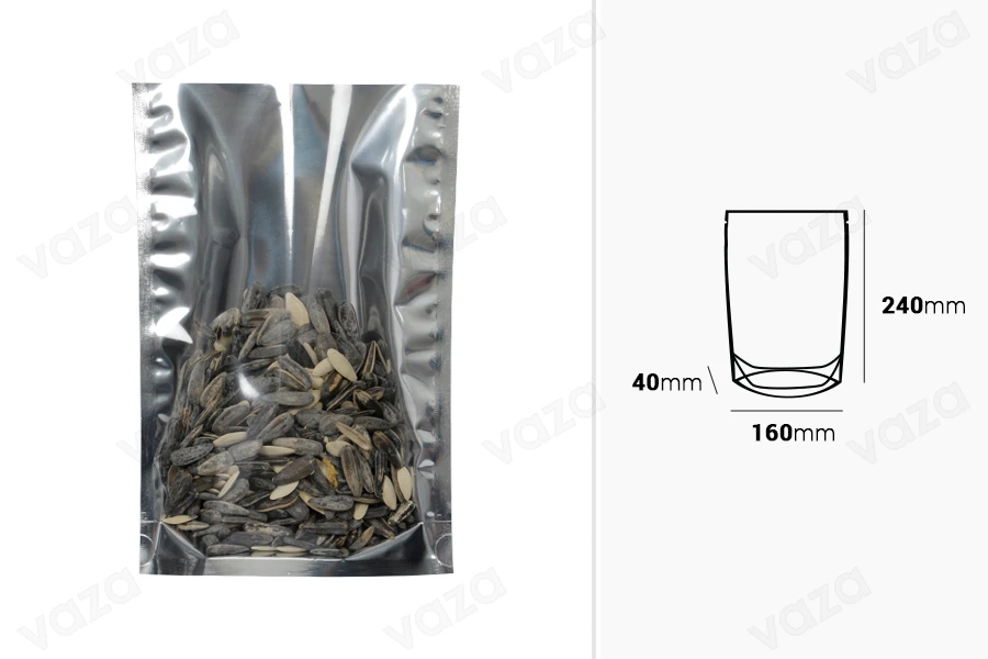 Bustine tipo Doy Pack in alluminio sul retro, trasparenti davanti, dimensioni 160x40x240 mm, sigillate termicamente -  100 pezzi.-