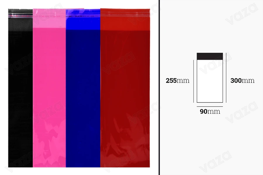 Σακουλάκια 90x300 mm ημιδιάφανα με αυτοκόλλητο κλείσιμο σε διάφορα χρώματα - 100 τμχ-εικόνα_διαστάσεις