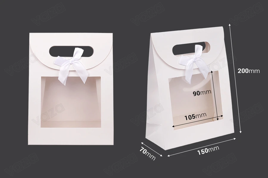 Paper gift bag 150x70x200 mm in white color with self-adhesive closure, window and bow - 12 pcs-image_dimensions