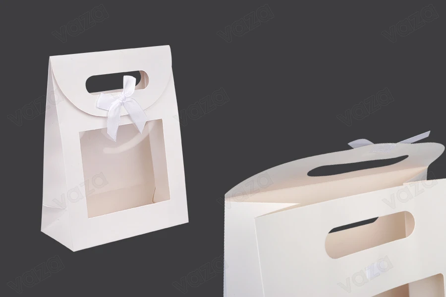 Paper gift bag 150x70x200 mm in white color with self-adhesive closure, window and bow - 12 pcs-image_product