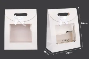 Paper gift bag 190x90x240 mm in white color with self-adhesive closure, window and bow - 12 pcs-2