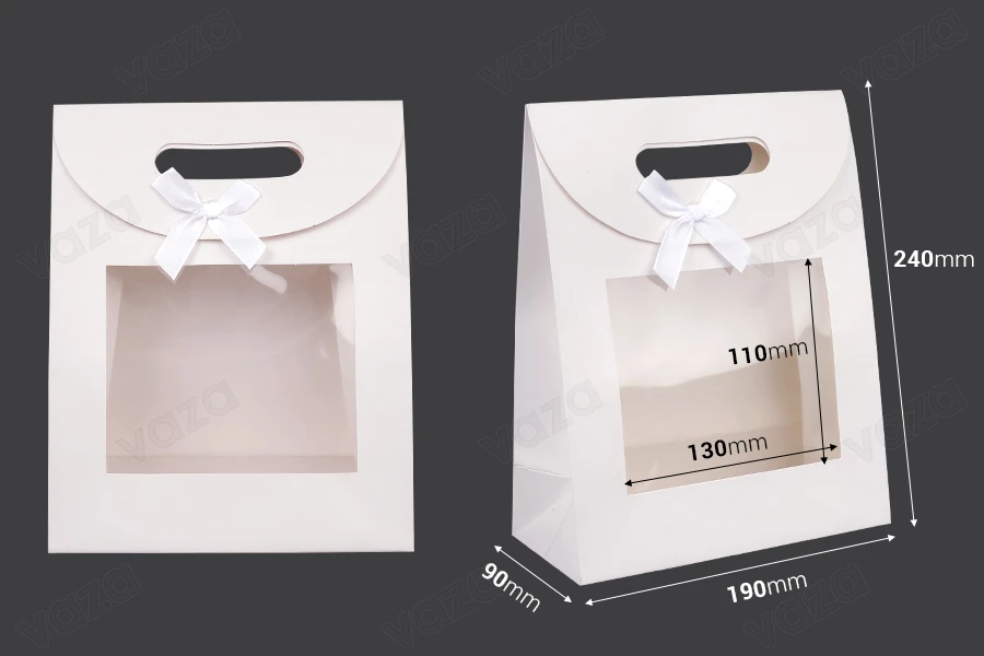 Paper gift bag 190x90x240 mm in white color with self-adhesive closure, window and bow - 12 pcs-photo_dimensions