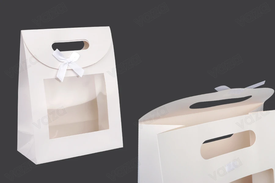Paper gift bag 190x90x240 mm in white color with self-adhesive closure, window and bow - 12 pcs-photo_produit