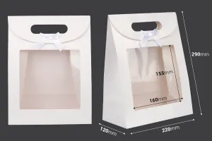 Paper gift bag 220x120x290 mm in white color with self-adhesive closure, window and bow - 12 pcs-2