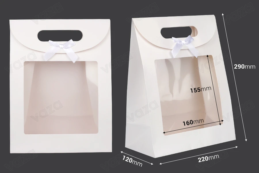 Paper gift bag 220x120x290 mm in white color with self-adhesive closure, window and bow - 12 pcs-image_dimensions