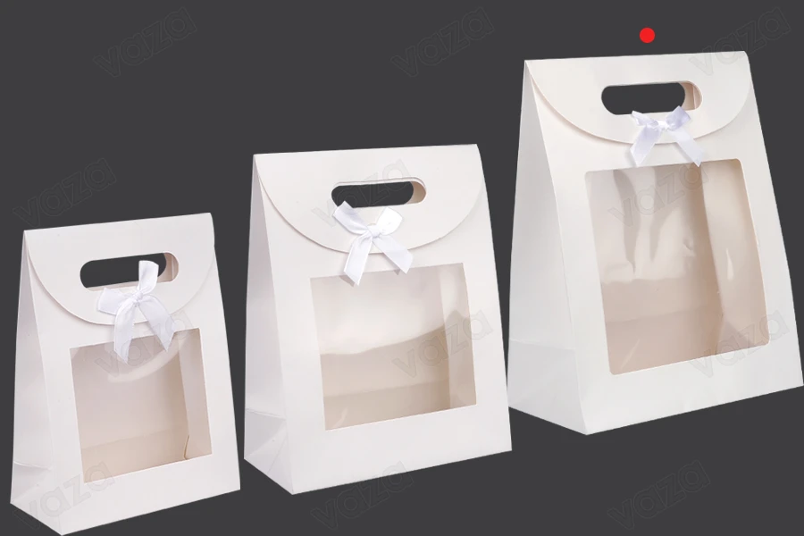 Paper gift bag 220x120x290 mm in white color with self-adhesive closure, window and bow - 12 pcs-image_group