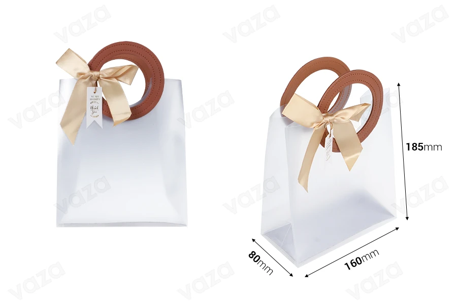 Gift bag plastic 160x80x185 mm semi transparent with bow and handle in leather texture - 12 pcs-image_dimensions