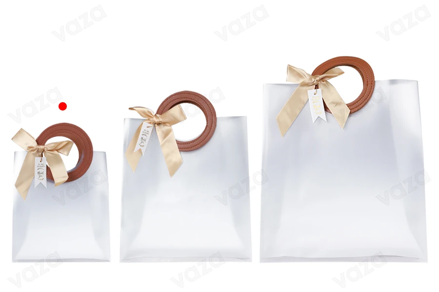 Gift bag plastic 160x80x185 mm semi transparent with bow and handle in leather texture - 12 pcs-image_group