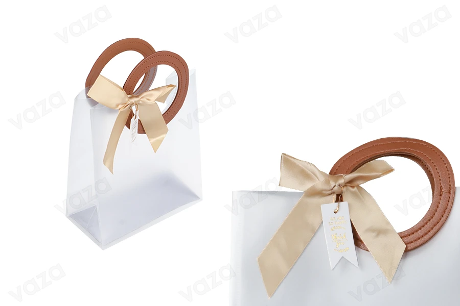 Gift bag plastic 160x80x185 mm semi transparent with bow and handle in leather texture - 12 pcs-image_product