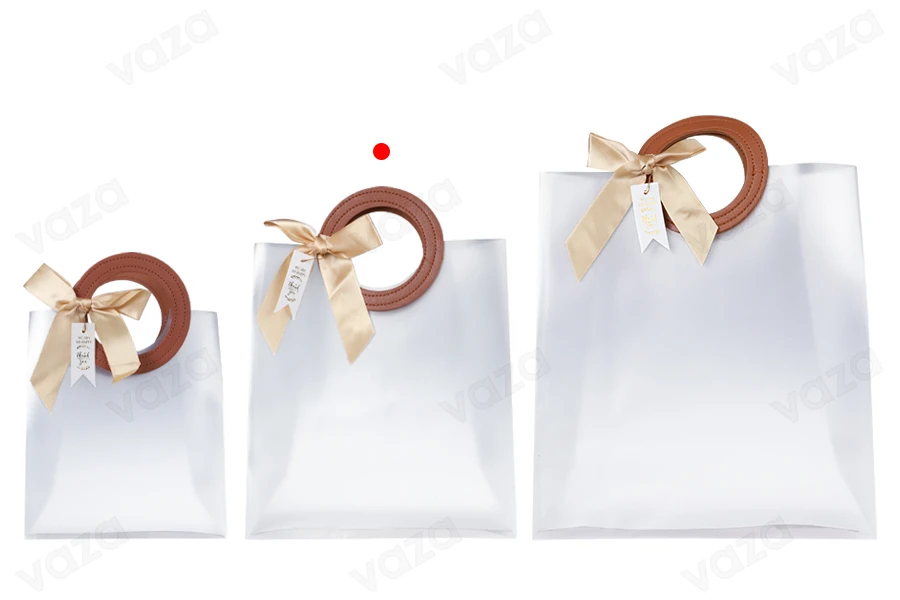 Gift bag plastic 200x100x220 mm semi transparent with bow and handle in leather texture - 12 pcs-image_group