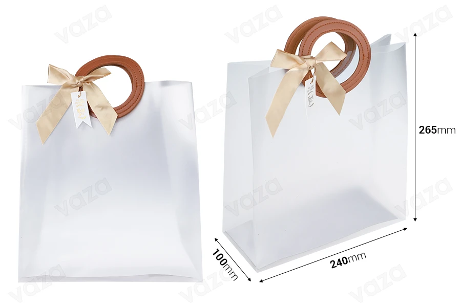 Plastic gift bag 240x100x265 mm semiclear with bow and handle in leather texture - 12 pcs-image_dimensions
