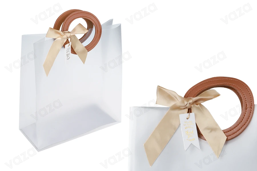 Plastic gift bag 240x100x265 mm semiclear with bow and handle in leather texture - 12 pcs-image_product