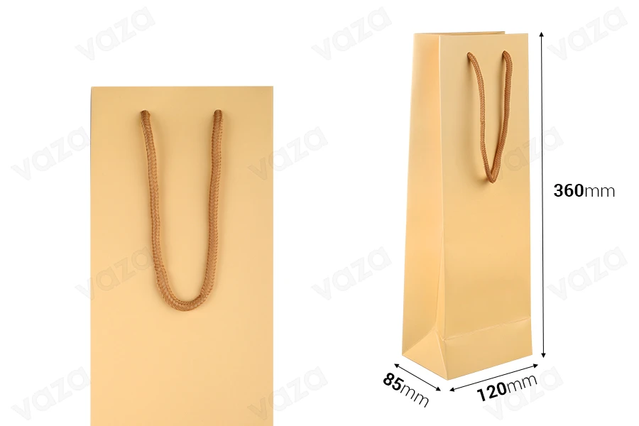 Paper bag 120x85x360 mm in beige color with brown cord - 12 pcs Paper bag 120x85x360 mm in beige color with brown cord - 12 pcs-image_dimensions