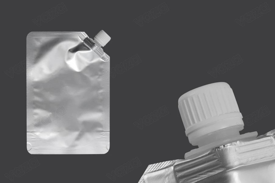 Gourde (type Doypack) en aluminium de 500 ml, avec bouchon blanc sur le côté - paquet de 50 pièces-photo_produit