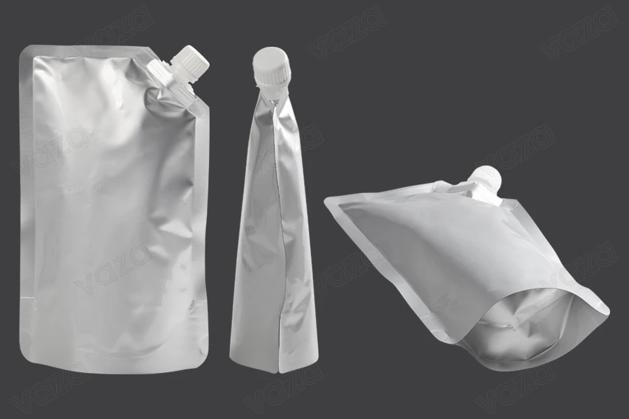 Gourde (type Doypack) en aluminium de 500 ml, avec bouchon blanc sur le côté - paquet de 50 pièces-photo_groupe