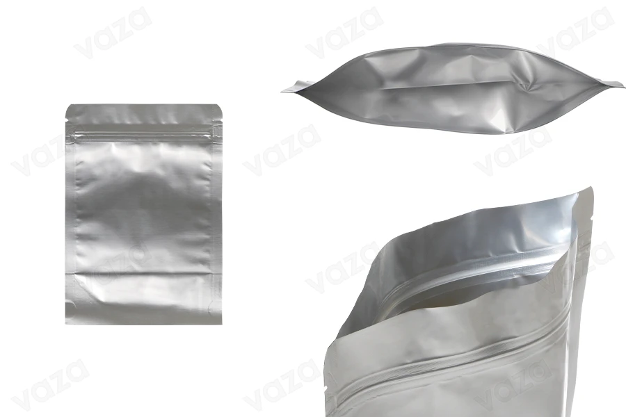 Doy Pack-Aluminiumbeutel 120x40x170 mm mit Reißverschluss; und der Möglichkeit zum Heißsiegeln - 100 Stück Doy Pack-Aluminiumbeutel 120x40x170 mm mit Reißverschluss; und der Möglichkeit zum Heißsiegeln - 100 Stück-produktbild
