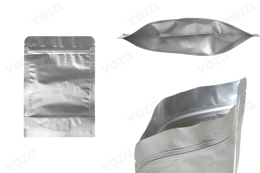 Sachets en aluminium (type Doypack) 140 x 40 x 200 mm avec fermeture zip et possibilité de thermoscellage - 100 pcs-photo_produit