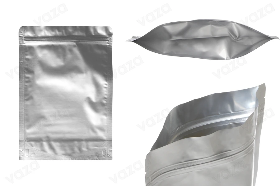Qese alumini Doy Pack 180x40x260 mm, me mbyllje “zip” dhe mundësi vulosjeje me nxehtësi – 100 copë Qese alumini Doy Pack 180x40x260 mm, me mbyllje “zip” dhe mundësi vulosjeje me nxehtësi – 100 copë-εικόνα_προϊοντική