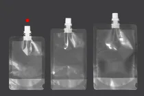 Sacchetto del becco tipo Doy Pack trasparente da 200 ml con tappo bianco Sacchetto del becco tipo Doy Pack trasparente da 200 ml con tappo bianco