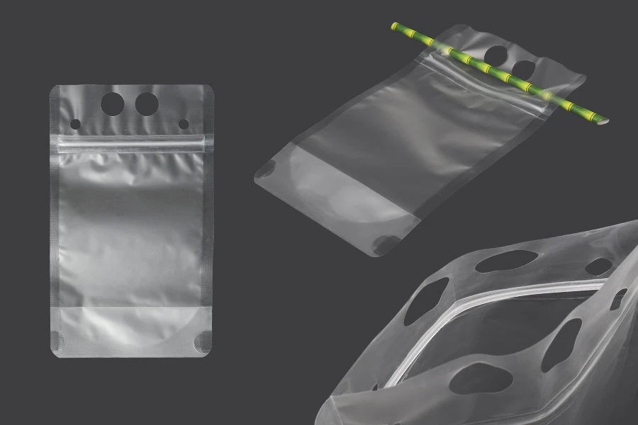 Doypack stand-up pouch packaging 350 ml transparent with zipper and holes for a drinking straw and carrying around Doypack stand-up pouch packaging 350 ml transparent with zipper and holes for a drinking straw and carrying around