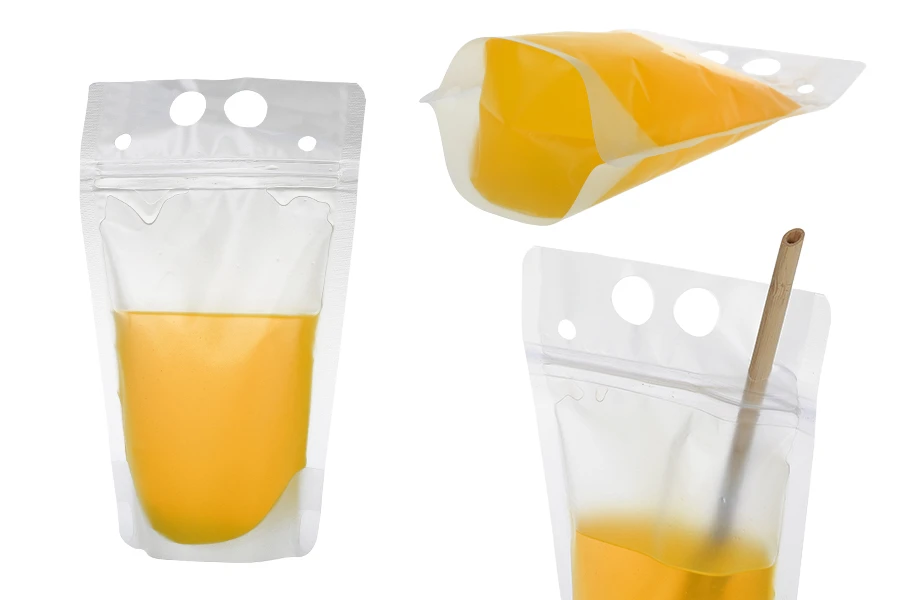 Doypack stand-up pouch packaging 350 ml transparent with zipper and holes for a drinking straw and carrying around Doypack stand-up pouch packaging 350 ml transparent with zipper and holes for a drinking straw and carrying around