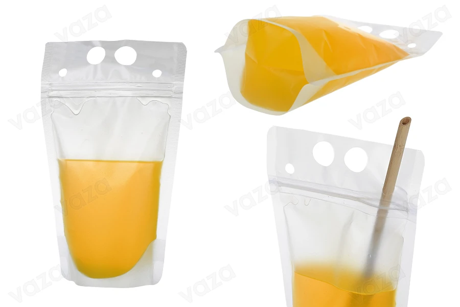 Συσκευασία τύπου Doy Pack 350 ml διάφανη με κλείσιμο zip και τρύπες για καλαμάκι και μεταφορά-εικόνα_διαστάσεις