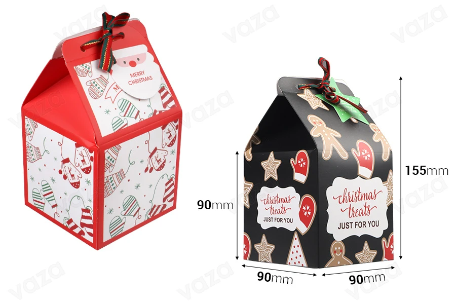 Christmas paper box 90x90x155mm with ribbon and greeting card/tag - 10 pcs-bildabmessungen