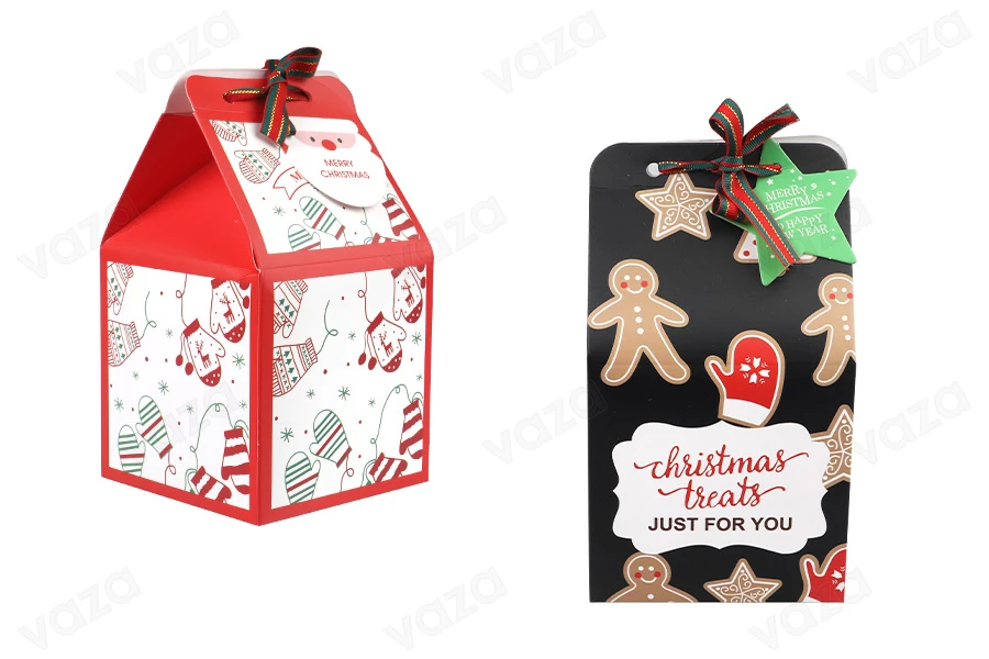 Christmas paper box 90x90x155mm with ribbon and greeting card/tag - 10 pcs-produktbild