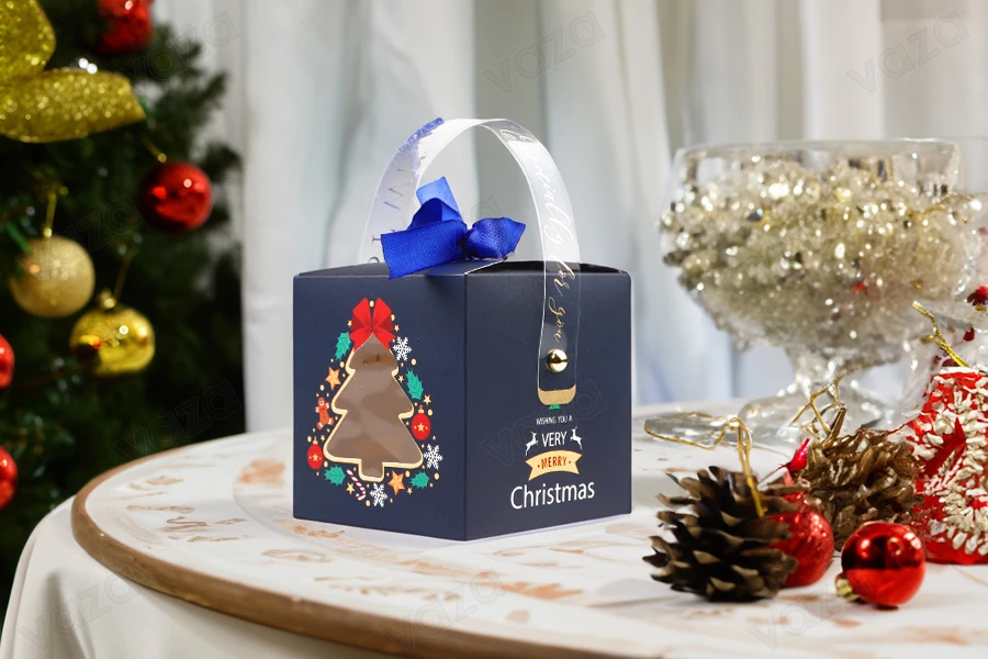 Christmas paper gift box 90x90x90 mm with window, handle and ribbon - 10 pcs-εικόνα_σύνθεση
