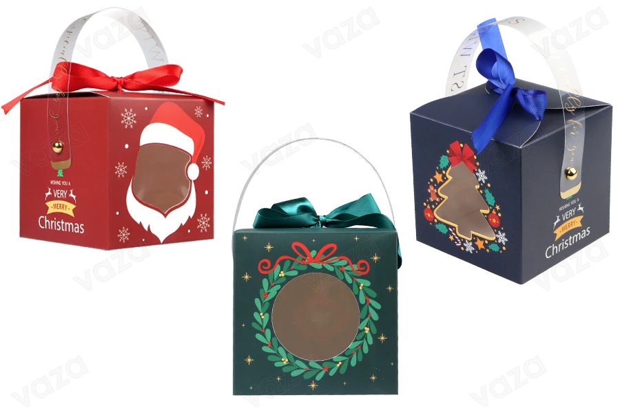 Christmas paper gift box 90x90x90 mm with window, handle and ribbon - 10 pcs-εικόνα_προϊοντική