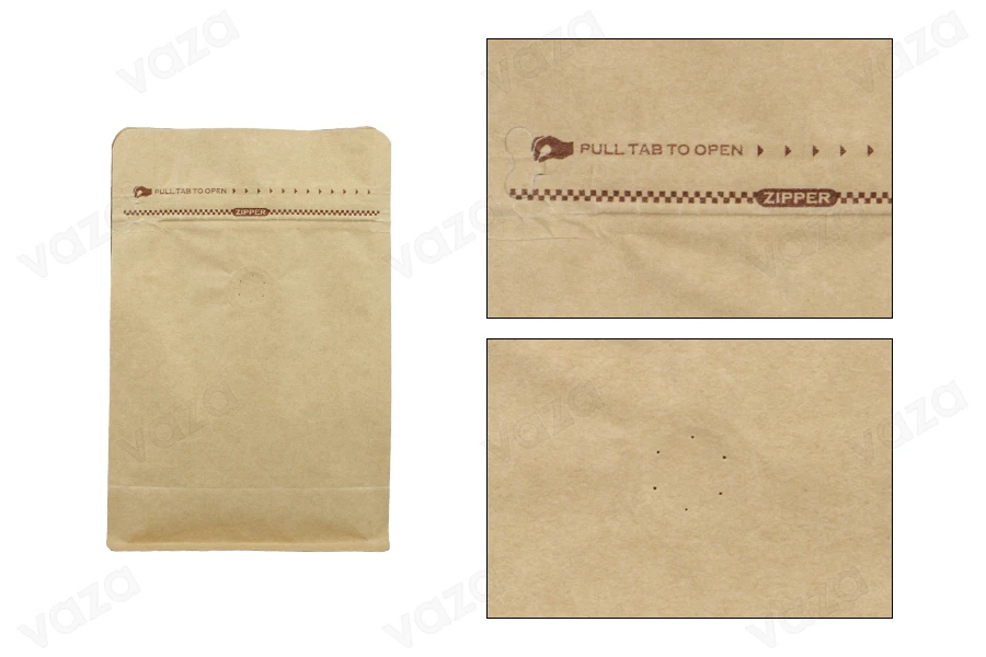 Sacchetti in alluminio tipo Doy Pack  130x70x200 mm con valvola, fodera esterna in carta kraft, chiusura termosaldata, apertura con nastro di sicurezza e utilizzo di cerniera, ideali per polvere di caffè  - 50 pz-