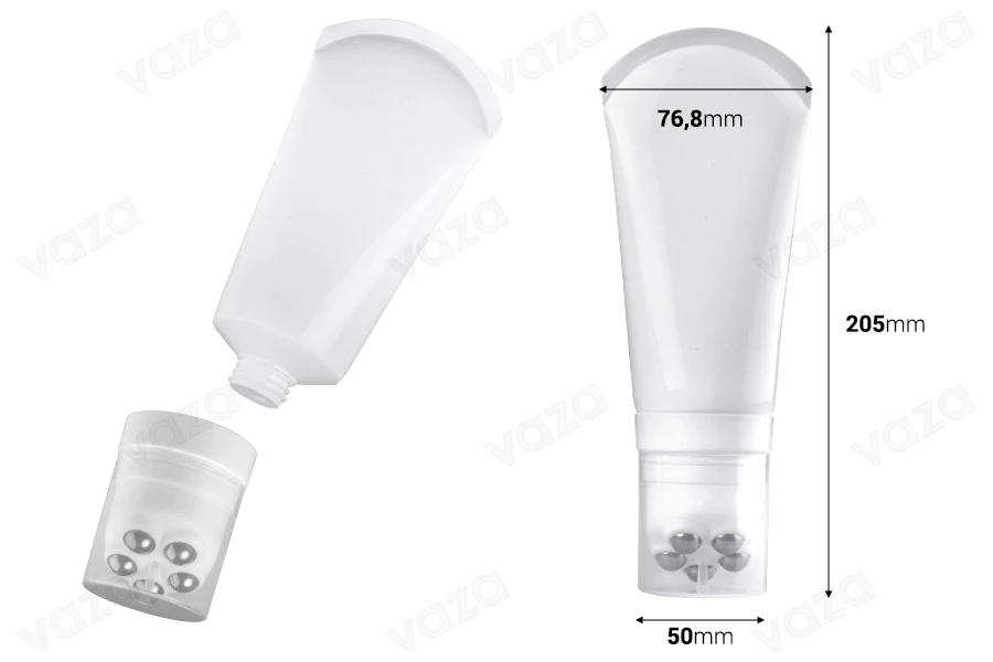 Σωληνάριο πλαστικό λευκό 150 ml με μεταλλικές μπίλιες roll on και διάφανο καπάκι-εικόνα_διαστάσεις