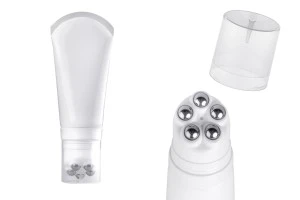 Tube en plastique de 150 ml de couleur blanche avec billes métalliques roll-on et capuchon transparent-1