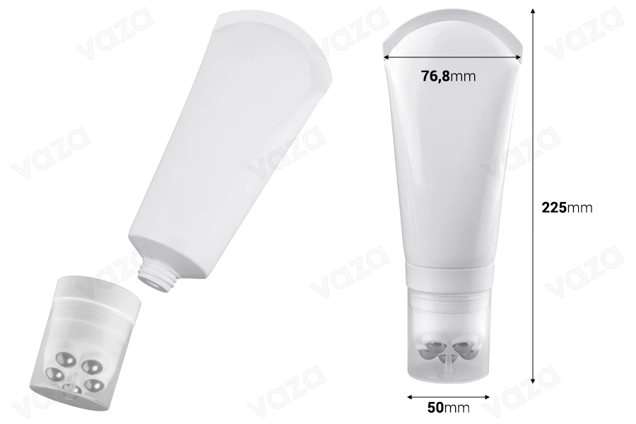 Σωληνάριο πλαστικό λευκό 200 ml με μεταλλικές μπίλιες roll on και διάφανο καπάκι Σωληνάριο πλαστικό λευκό 200 ml με μεταλλικές μπίλιες roll on και διάφανο καπάκι-εικόνα_διαστάσεις