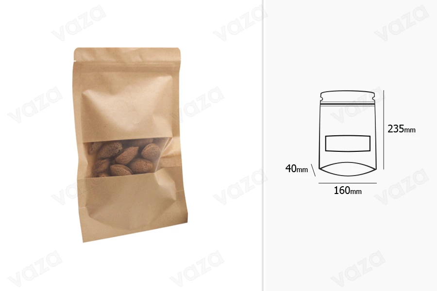 Σακουλάκια κραφτ τύπου Doy Pack  160x40x235 mm, με κλείσιμο "zip" και παράθυρο, εσωτερική και εξωτερική διάφανη επένδυση και δυνατότητα σφράγισης με θερμοκόλληση - 100 τμχ-εικόνα_σύνθεση