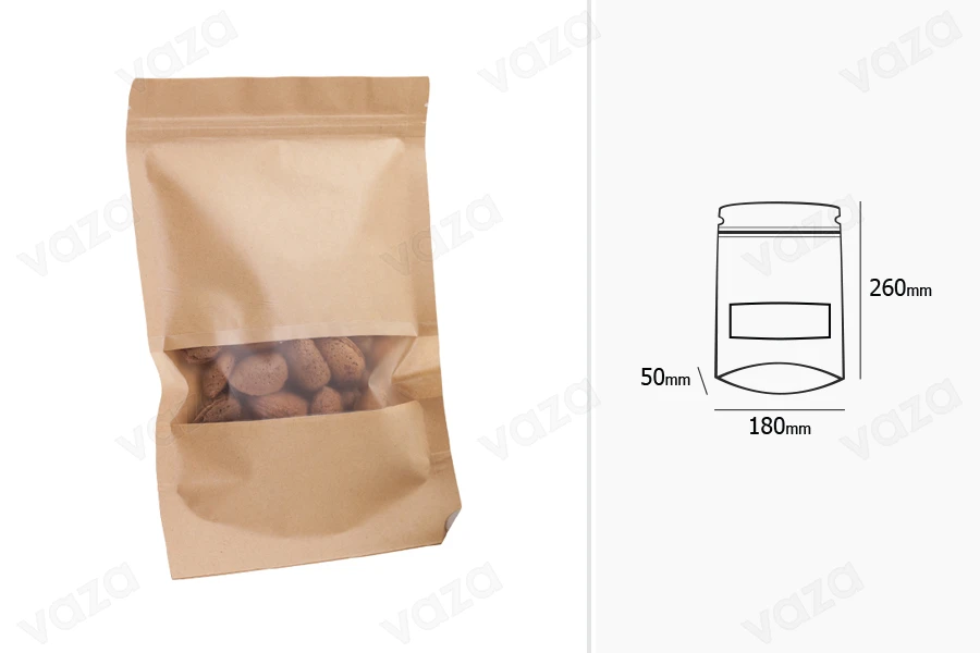 Σακουλάκια κραφτ τύπου Doy Pack  180x50x260 mm, με κλείσιμο "zip" και παράθυρο, εσωτερική και εξωτερική διάφανη επένδυση και δυνατότητα σφράγισης με θερμοκόλληση - 100 τμχ-εικόνα_σύνθεση