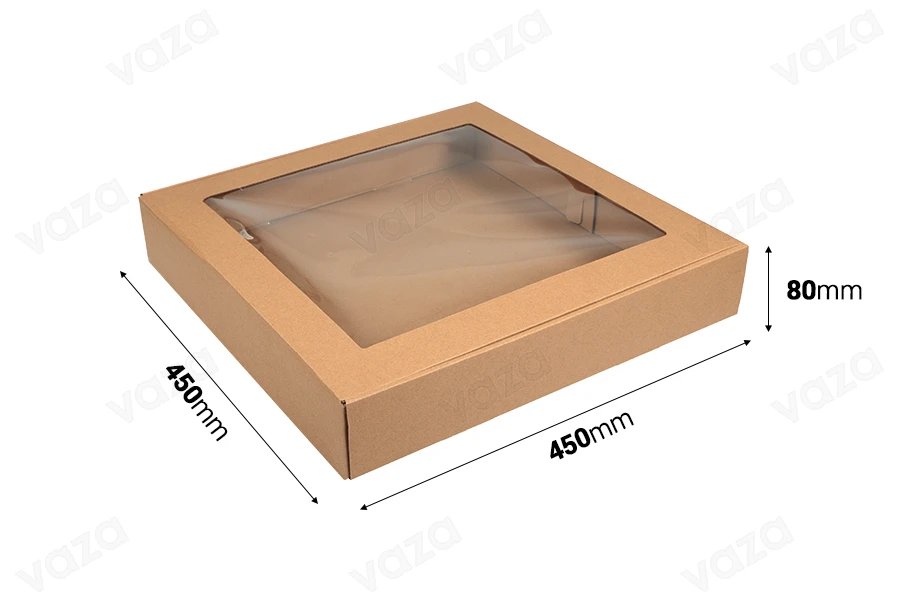 Kraft paper box with window in size 450x450x80 mm - Available in a package with 20pcs Kraft paper box with window in size 450x450x80 mm - Available in a package with 20pcs-image_dimensions