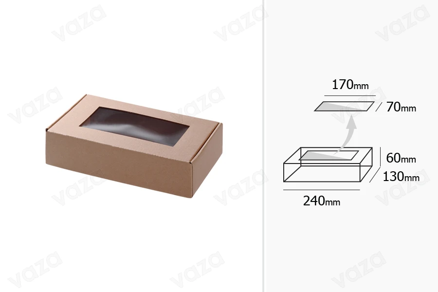 Kuti paketimi prej letre kraft me dritare 240x130x60 mm - 20 copë Kuti paketimi prej letre kraft me dritare 240x130x60 mm - 20 copë-εικόνα_διαστάσεις