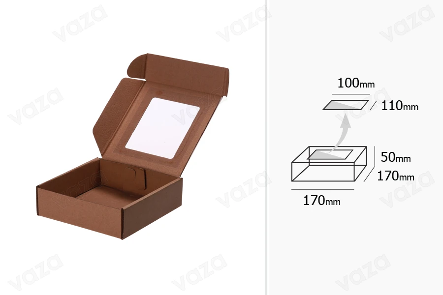 Kraft paper box with window in size 170x170x50 mm - Available in a package with 20pcs-εικόνα_σύνθεση